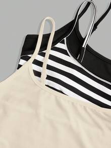 SHEIN Essnce 女士三件套休闲吊带背心套装，黑色条纹混色休闲女式上衣，修身吊带背心，夏季上衣，夏季服装，女士上衣，夏季女士上衣，三件套修身休闲纯色上衣 - 杏色 - 查看 10