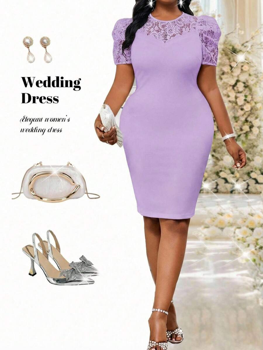 Fleurora 春夏优雅通勤办公白色针织领口铅笔裙荷叶袖撞色蕾丝中长短袖大码连衣裙女装夏季服装女装夏季连衣裙女装优雅女装办公服装女装夏季办公连衣裙 - 紫色 - 查看 1