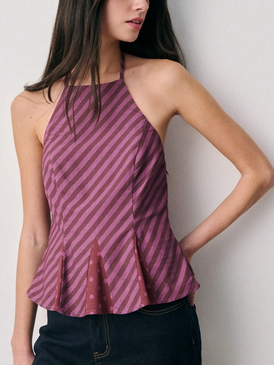 Nöista Halter Top With Bold Diagonal Stripes And Polka Dot Accents, With A Flattering Peplum Hem And Adjustable Neck Tie. Spring, Summer, Casual, Dressy Occasions. - Rust Brown - View 1