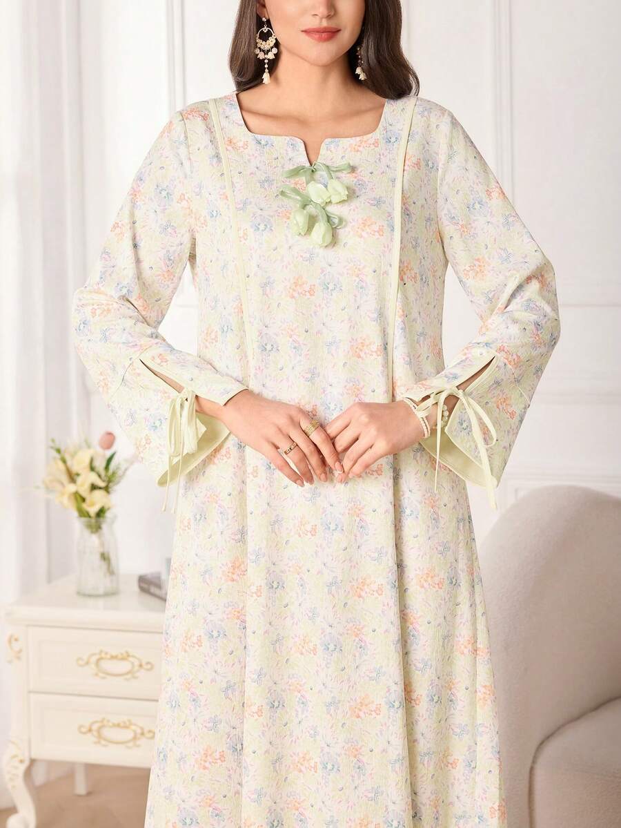 Yasmyna Women's Loose Floral Print Long Sleeve Dress, Sweet & Versatile - Yellow - View 1