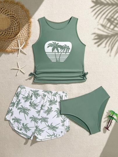 SHEIN Bộ ba đồ bơi Tankini cho bé gái tuổi teen, in hình bóng cây dừa xanh lá cây, phối cùng quần short in hình bóng lá cây xanh lá, thích hợp cho việc chống nắng và thư giãn. Phù hợp cho kỳ nghỉ hè, bơi lội trên bãi biển, tiệc bãi biển, hồ bơi, các buổi tiệc, suối, lễ hội, kỳ nghỉ, suối nước nóng. Bộ đồ bơi nhiệt đới cho bé gái, bộ Tankini in hình lá cây cho bé gái tuổi teen kèm quần short đi biển, đồ bơi cây dừa cho bé gái, bộ đồ bơi cho bé gái, quần short đi biển cho bé gái, áo crop top cho bé gái, đồ đi biển mùa hè cho tuổi teen, áo tank top cho tuổi teen, quần short in hình cây cọ, trang phục cô gái đảo.
