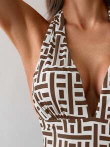 Swim Lushoire 女士几何印花深V露背连体泳衣，度假款 - 彩色 - 查看 4