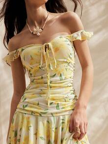 Easelle Đầm ngắn ôm sát người trễ vai, thắt nơ phía trước, in hoa dành cho nữ, thích hợp cho kỳ nghỉ. - Cà phê nâu - Xem 8