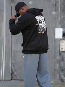 Heavens Edit 男士扑克印花保暖连帽抽绳衫，带口袋，秋冬季长袖上衣 - 黑色 - 查看 5