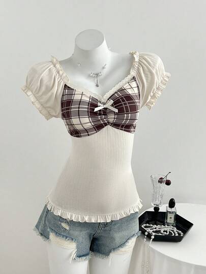 Elamini Women's Casual Textured Lace Patchwork Bow Decor Slim Fit Short Sleeve V-Neck T-Shirt, Summer