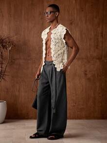 AKNOTIC Business Casual 男士针织钩编花卉图案宽松无袖针织背心，适合夏季、度假、休闲穿着、派对、情侣装，男士礼物 - 白色 - 查看 4