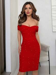 Jemour Women Open Shoulder Short Sleeve Beaded Bodycon Mini Dress - Red - View 6