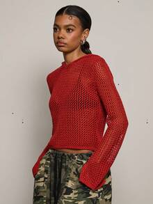 COUREZ Open Knit Hooded Top Long Sleeve /Y2K Spring Clothes For Women Street Streetwear Cute Going Out Outfits Causal Knit Party Rave Knit Cardigan Summer Trousers Summer Outfits Funnel Neck Knit - Red - View 5