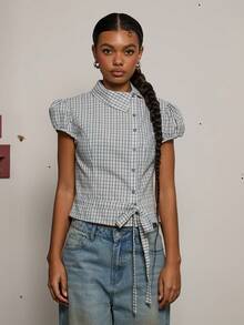 COUREZ PUFF SLEEVE ASYMMETRIC TIE FRONT SHIRT - Blue and White - View 4