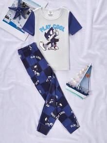 男童可爱卡通印花短袖修身睡衣套装 - 藍色 - 查看 4