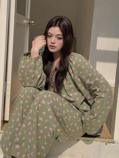 Dazy Plus Plus Size Women Ditsy Floral Tie Collar Long Sleeve Top And Pants Pajama Set