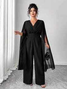 Elenzga بدلة كاجوال طويلة سوداء للسيدات البدينات، بتصميم أنيق بسيط بياقة على شكل حرف V من الشيفون، بأكمام خفافيش واسعة وخصر مربوط لإنحاف الخصر - الأسود - مشاهدة 1