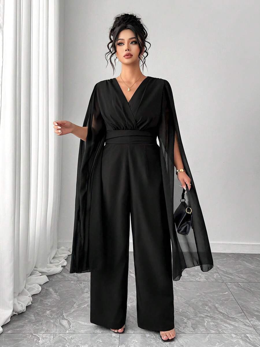 Elenzga بدلة كاجوال طويلة سوداء للسيدات البدينات، بتصميم أنيق بسيط بياقة على شكل حرف V من الشيفون، بأكمام خفافيش واسعة وخصر مربوط لإنحاف الخصر - الأسود - مشاهدة 1