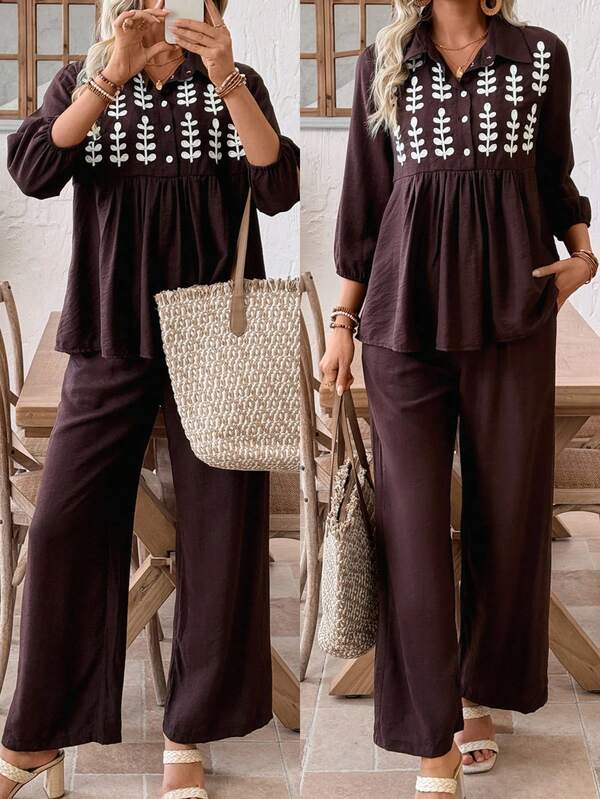 EMERY ROSE 2pcs Women Vacation Plant Print Lantern Sleeve Shirt And Pants Set  Beach Set  Women's Summer Set Blouse And Pants Set Brown Two Piece Set Women Wide Leg Pants Set 2 Piece Casual Sets Woman Vacation Outfits Women Casual Women's Dresses  Casual Women's Dresses