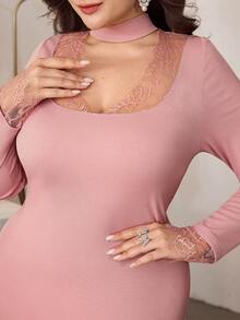 Modelyn Romantic Lace Collar Patchwork Long Sleeve Slim Fit Knit Dress, Spring/Summer - Coral Pink - View 6