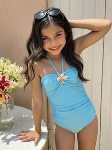Emery Rose Kids Emery Rose Kids Girls' Pale Blue Star Decor Halter One-Piece Swimsuit - Blue - View 10