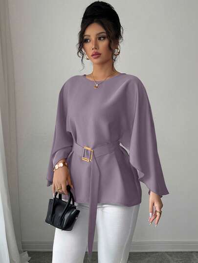 Selianne بلوزة نسائية بياقة مستديرة وأكمام خفافيش وربطة الخصر، بلون أحمر لامع، موضة الربيع/الصيف