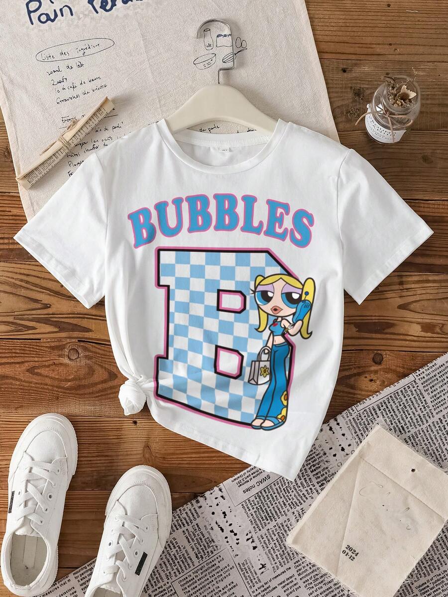 THE POWERPUFF GIRLS X SHEIN Tween Girl Letter & Bubbles Pattern Round Neck Short Sleeve T-Shirt - White - View 1