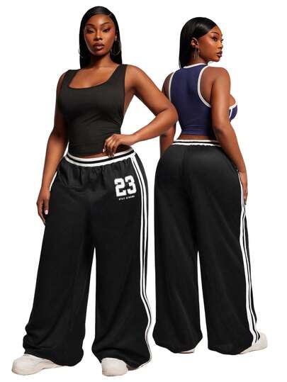 SHEIN SXY Pantalones casuales de talla grande con estampado a rayas y cintura elástica, adecuados para citas, reuniones, fiestas, clubes, vida nocturna. Conjunto de dos piezas de malla con encaje negro, adecuado para banquetes, fiestas, cenas, bailes de graduación, bailes, eventos urbanos, versátil, oficina sexy, atuendo de crucero, vintage, festivales, conciertos, carnavales, salidas, con capas ricas, vacaciones, citas, reuniones, cumpleaños, despedidas de soltera, cócteles, eventos formales, San Valentín