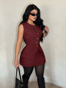 SHEIN SXY بدلة نسائية كاجوال للعمل مكونة من سترة وتنورة بطبعة هندسية، مناسبة للمكتب باللونين الأحمر والأسود، فستان أزرار بطراز فرنسي، فستان تويد للنساء، فساتين عمل للنساء، بلوزات عمل أنيقة للنساء، طقم أنيق للنساء للعمل - الأحمر - مشاهدة 5