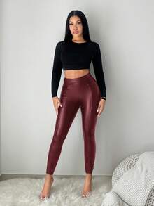 SHEIN SXY Solid Color Fitted Ruched Versatile Leather Street Leggings - Red - View 3