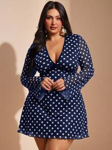 SHEIN BAE Đầm mùa hè dáng rộng tay dài cổ chữ V chấm bi dành cho nữ cỡ lớn - Màu xanh hải quân - Xem 2