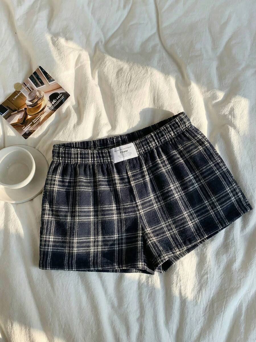 SHEIN 少女蓝白格子印花松紧腰贴布休闲短裤 - 藍白色 - 查看 1