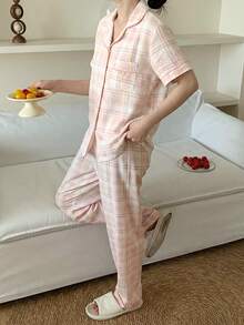 2件套女童休闲格子开衫短袖上衣和裤子睡衣套装 - 淺粉色 - 查看 1