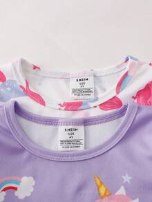 Conjunto de pijama de 4 piezas para niñas pequeñas con estampado de unicornio y estrella arcoíris, incluye top de manga corta y pantalones cortos, suave y cómodo - Multicolor - Ver 4