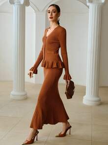 ZEYLAH 女士优雅高档毛衣半裙两件套 - 鏽棕色 - 查看 7