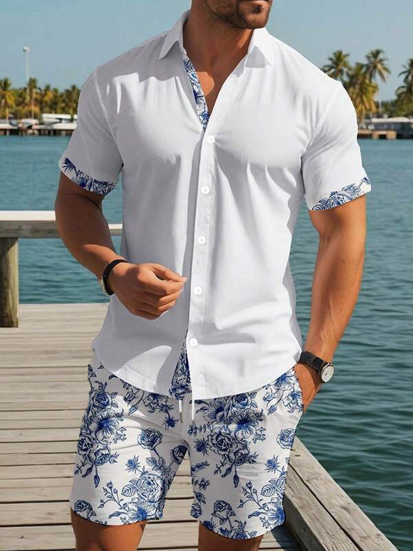 Manfinity RSRT סט חולצה ומכנסיים קצרים עם הדפס פרחוני לגברים, בסגנון חג קיץ