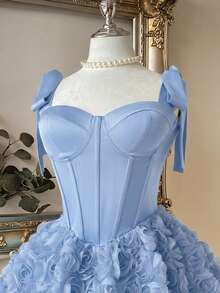 Lovelzi Elegant Blue Satin Strapless Mermaid Dress With 3D Floral Decor,Ruffle Hem,Suitable For Wedding,Cocktail Party,Graduation,Vacation,Afternoon Tea,Gala - Baby Blue - View 5