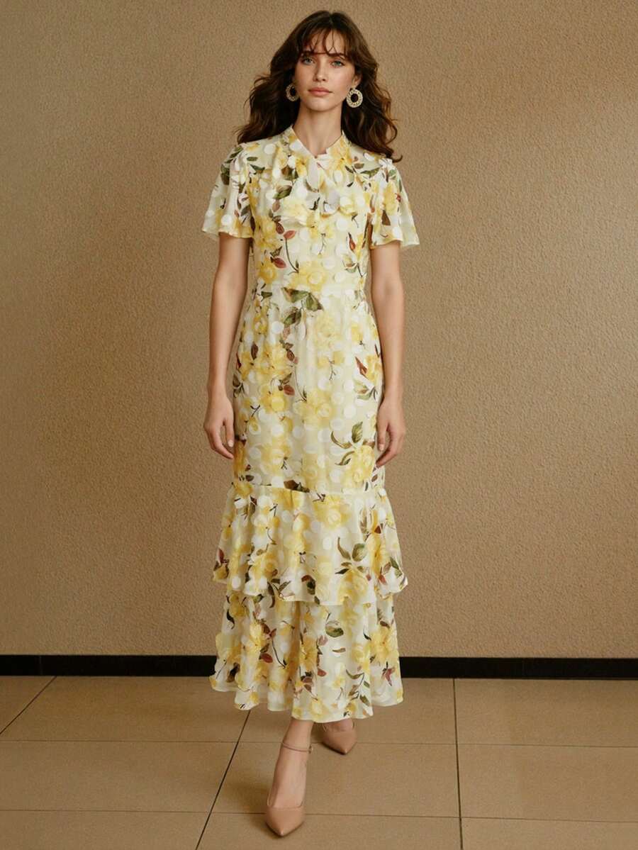 ZEYLAH Váy họa tiết hoa thanh lịch dành cho nữ, mùa hè - Màu vàng - Xem 1