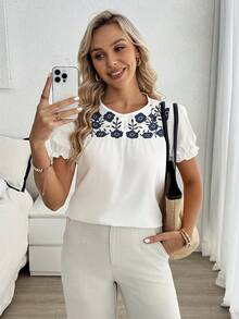 Louniche Elegant Vacation Floral Print Women's Round Neck Puff Sleeve Ruffle Hem Summer Blouse - White - View 5