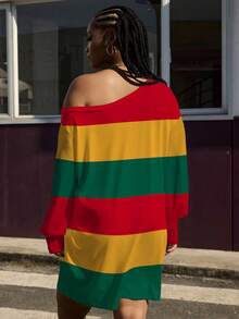 Slaydiva 大码休闲简约红黄绿条纹假日连衣裙 - 彩色 - 查看 8