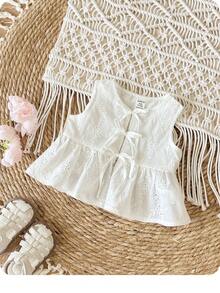 两件套可爱女婴休闲日常度假提花上衣，正面中央带蝴蝶结 - 白色 - 查看 7