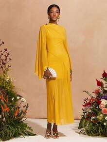 Zivah 2026春夏新款，不对称领口长袖开衩网纱透视长款连衣裙，带衬里，适合情人节、音乐节、复活节、西部风、波西米亚风、纳什维尔派对等场合，黄色 - 鵝黃色 - 查看 3