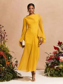 Zivah 2026春夏新款，不对称领口长袖开衩网纱透视长款连衣裙，带衬里，适合情人节、音乐节、复活节、西部风、波西米亚风、纳什维尔派对等场合，黄色 - 鵝黃色 - 查看 5