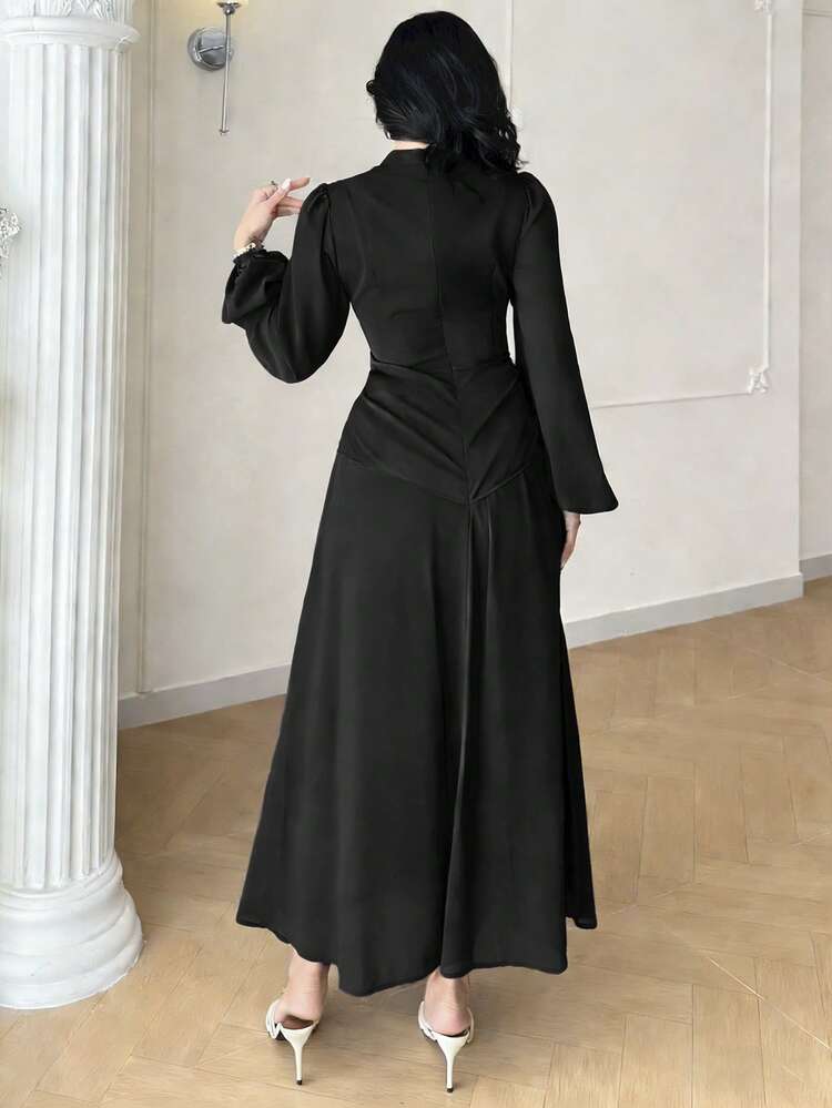 Modelyn Women's Solid Color Mandarin Collar Lantern Sleeve Fitted Elegant Dress - Black - View 5