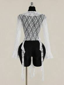 SHEIN ICON 2026 Noutate Sosire Femei Floral Lace Patchwork Ruffle Hem Față Cravată Mânecă Evazată Top La modă Cămașă Transparentă din Dantelă, Topuri pentru Ieșiri în oraș, Tricou Transparent de Festival Femei Alb Din Dantelă Covoraș - alb - Vizualizare 2