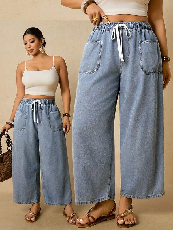 Travachic Plus Size Women Loose Straight Leg Jeans, Elastic Waist With Drawstring, Light Blue Washed, Straight Leg Pants