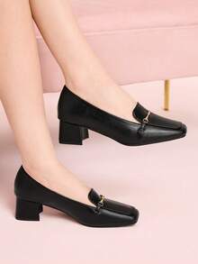 CUCCOO DOLLMOD 法国女鞋春秋季低帮方头中跟粗跟软皮金属扣乐福鞋 - 黑色 - 查看 4