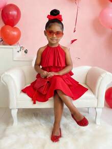 Young Girl's Elegant Layered Cake Halter Dress, Red, Suitable For Summer, Valentine's Day, Vacation, Girls' Valentine's Day Dress, Valentine's Day Gift - Red - View 1