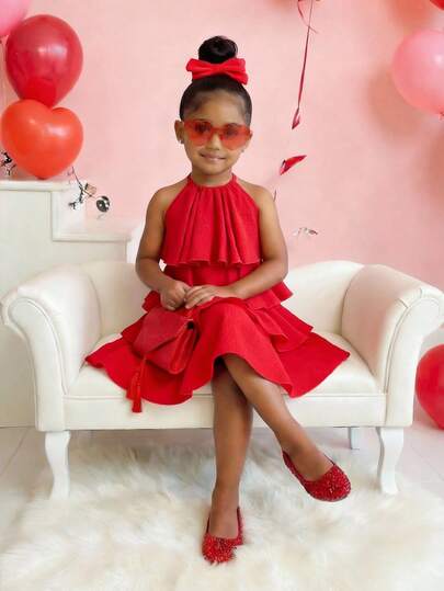 Young Girl's Elegant Layered Cake Halter Dress, Red, Suitable For Summer, Valentine's Day, Vacation, Girls' Valentine's Day Dress, Valentine's Day Gift