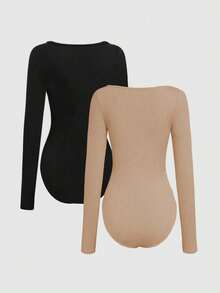 Sweetra 女士纯色方领长袖休闲连体衣 - 彩色 - 查看 2