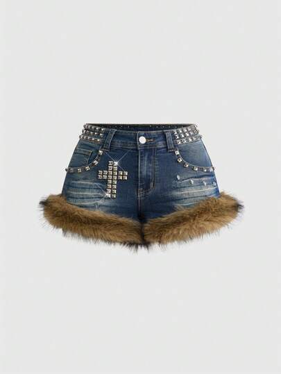 Grunge Punk Shorts vaqueros mini de talle súper bajo con decoración de cruz con tachuelas en estilo vintage desgastado Y2K para mujer