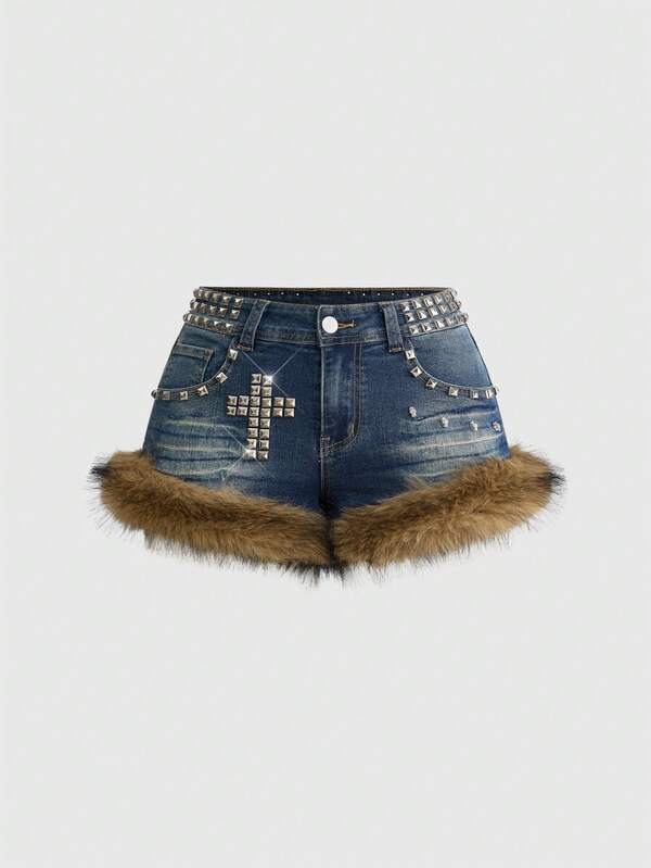 ROMWE Grunge Punk Vintage Distressed Y2K Cross Studded Decor Women Super Low Waist Mini Denim Shorts