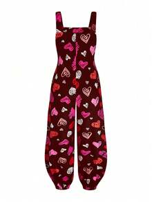 Sweetra 大码女式爱心印花阔腿抽绳连体裤 - 酒紅色 - 查看 2