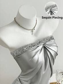 Elamini 女士休闲优雅派对褶皱亮片抹胸连衣裙 - 銀色 - 查看 1