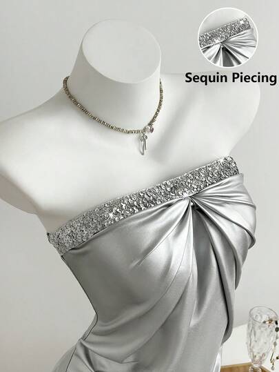 Elamini 女士休闲优雅派对褶皱亮片抹胸连衣裙